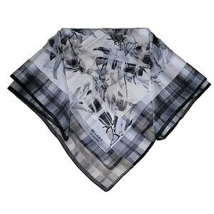 Manilo Bonetti Square Scarf Black‎ White Floral Plaid Sheer Polyester Signed